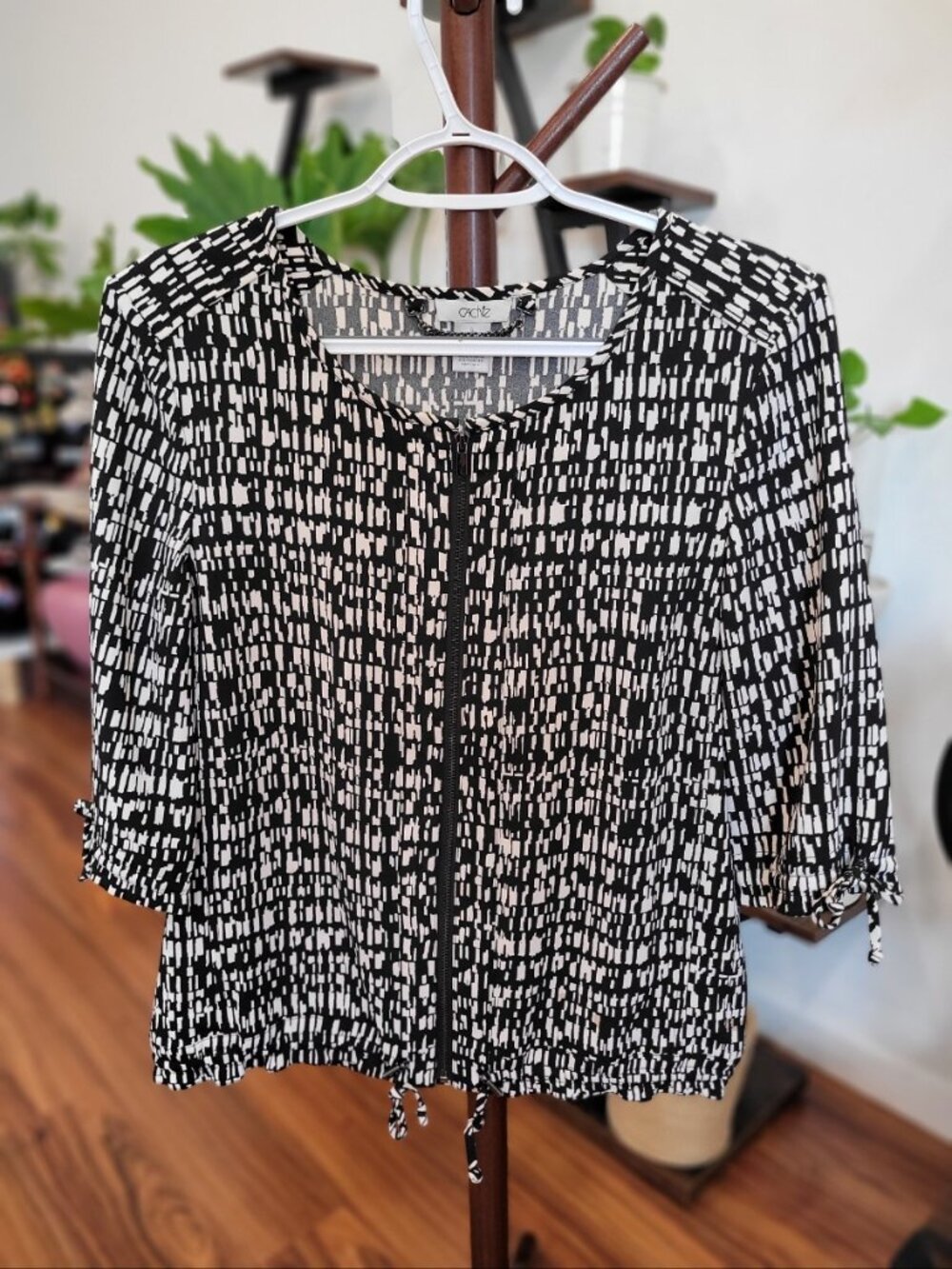 Y2K CACHE Black White Print Zip Up Blouse Lightweight Jacket, Womens, Size S